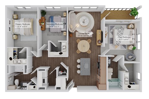 Floor plan for 3 beds, 2 baths, 1431 sqft